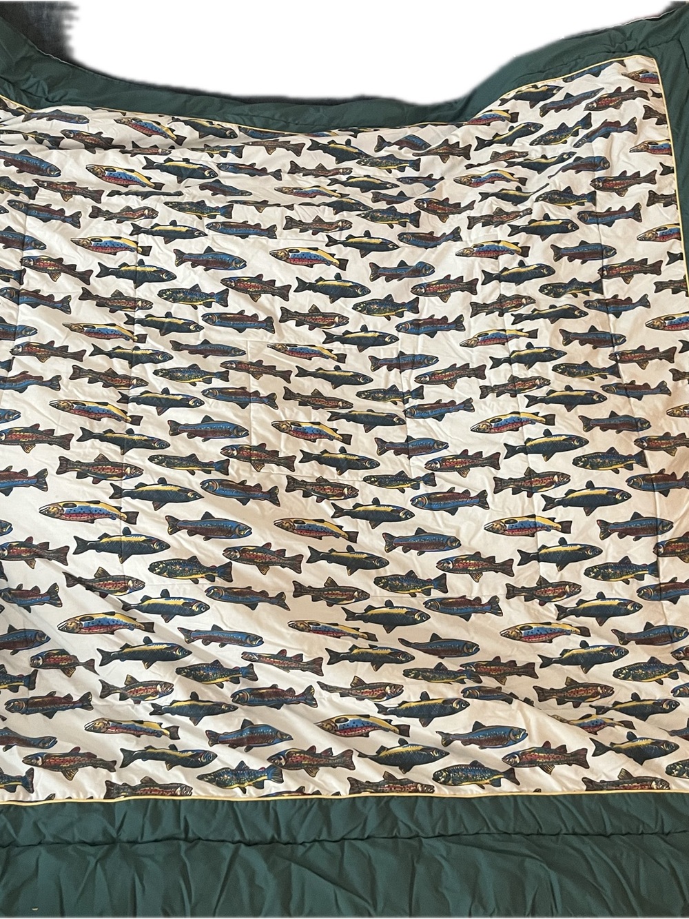 Fish-Pattern Comforter in Cream with Dark Green Border